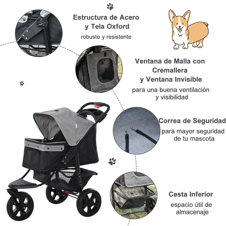 Carrinho de animais de estimação dobrável com rodas Correias de segurança e cesto de armazenamento 109,5x54,5x106,5 cm Cinza e preto