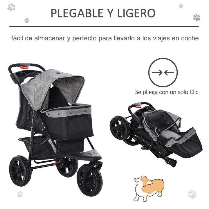 Carrinho de animais de estimação dobrável com rodas Correias de segurança e cesto de armazenamento 109,5x54,5x106,5 cm Cinza e preto