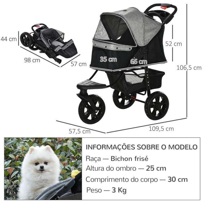 Carrinho de animais de estimação dobrável com rodas Correias de segurança e cesto de armazenamento 109,5x54,5x106,5 cm Cinza e preto