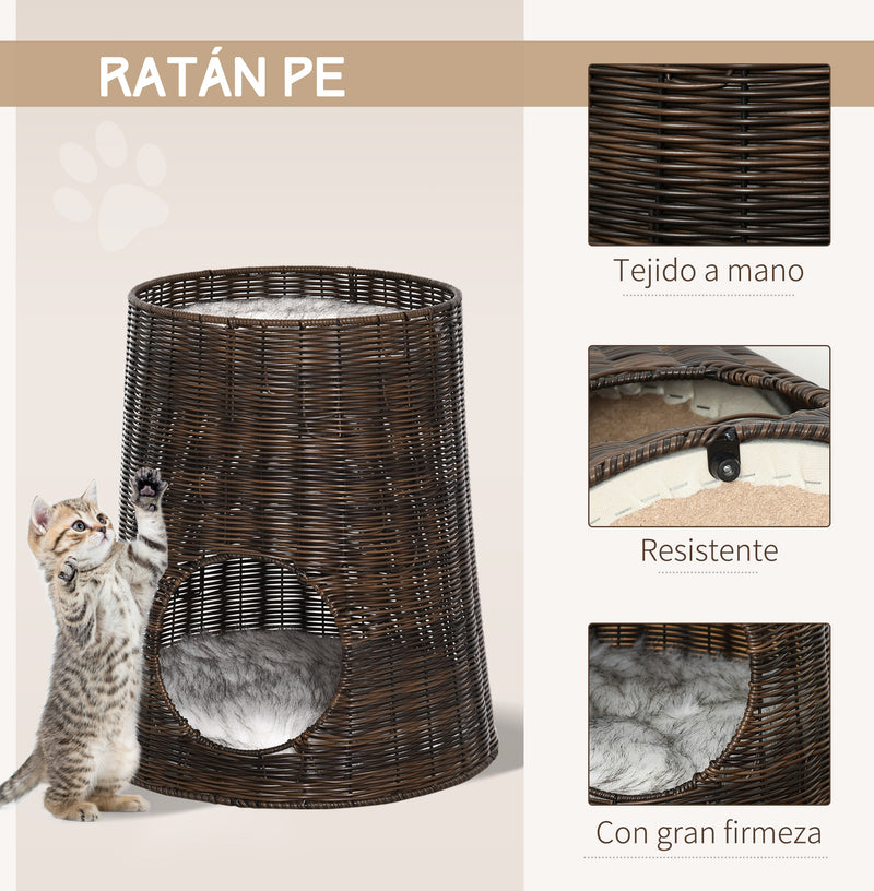 Cesta de Vime para Gatos Cama Caverna de 2 Níveis com Almofadas Laváveis Ø45x50cm Marrom