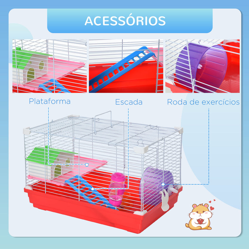 Gaiola para Hamster Casa para Hamster 47x30x27cm com 1 Andar Comedouro Bebedouro Rampa Roda de Exercício para Pequenos Animais Branco e Vermelho