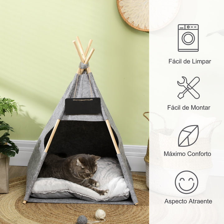 Tenda tipi para Animais de Estimação de Feltro com Almofada lavável e Removível 58x58x80cm Cinza