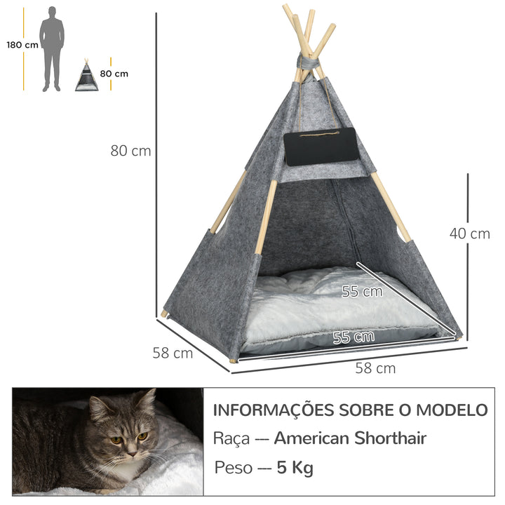 Tenda tipi para Animais de Estimação de Feltro com Almofada lavável e Removível 58x58x80cm Cinza