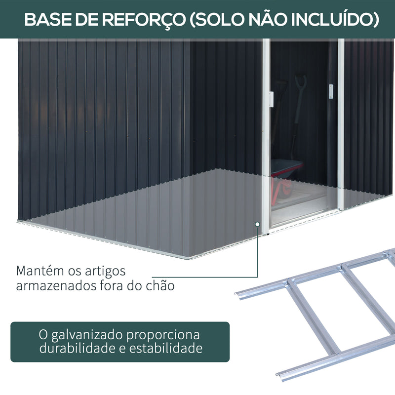 Abrigo de Jardim Exterior Abrigo e Jardim Metálico para Armazenamento de Ferramentas com Base Incluída e 4 Janelas 277x195x192cm Cinza Escuro