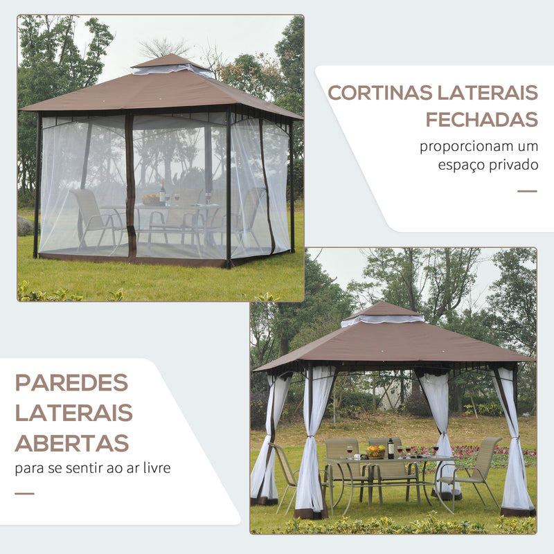 Pérgola de Jardim 295x295x270 cm Pérgola com Teto Duplo e Rede Mosquiteira com Zíper para Eventos Festas Casamentos Marrom e Branco