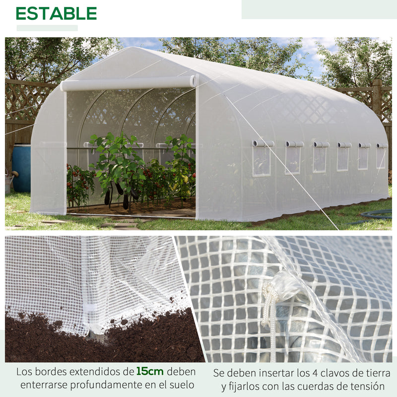 Estufa de Túnel 595x300x200cm Estufa de Jardim Grande com 12 Janelas e Porta Enrolável com Zíper para Cultivo de Plantas Branco