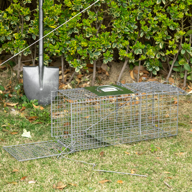 Armadilha para Animais Vivos Dobrável 66x24x30,5 cm Gaiola de Captura com Porta e Alça para Coelhos Roedores Prata