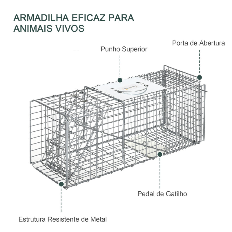 Armadilha para Animais Vivos Dobrável 66x24x30,5 cm Gaiola de Captura com Porta e Alça para Coelhos Roedores Prata