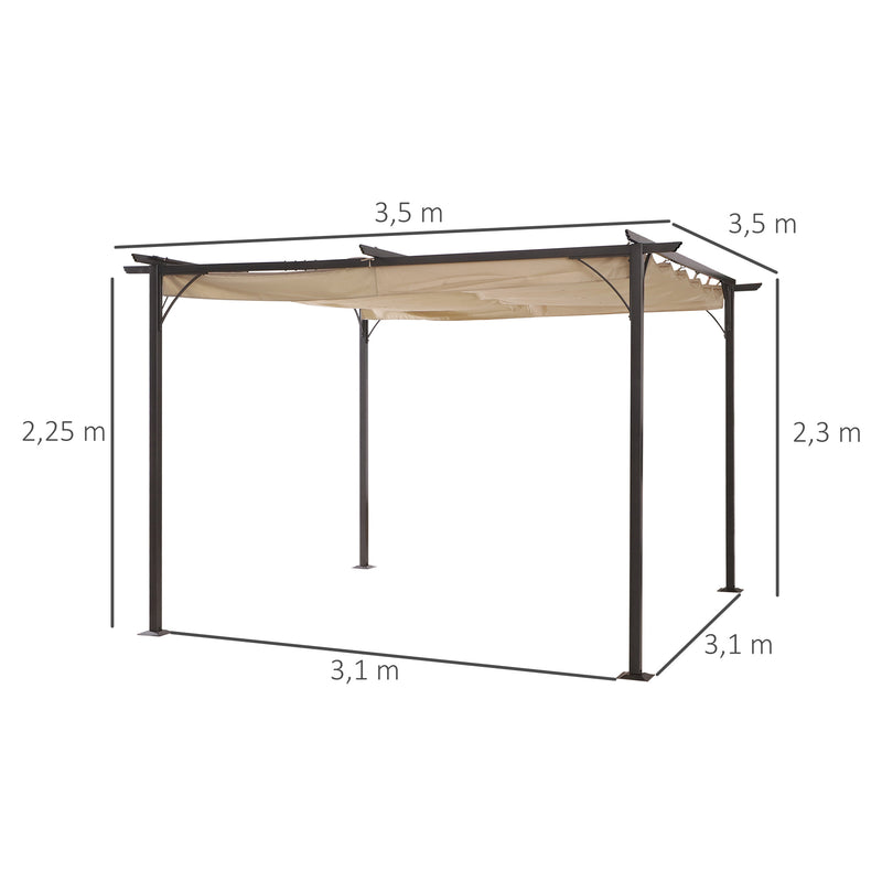 Pérgula de Metal 3.5x3.5m Gazebo para Jardim Pátio ou Terraço com Tecto Retráctil Pano Poliéster Resistente à Água e UV