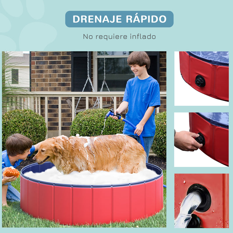 Piscina Dobrável para Cães Gatos Banheira Portátil para Animais de Estimação PVC Antideslizante Múltiplo Uso para Interior e Exterior Ø120x30 cm Vermelho