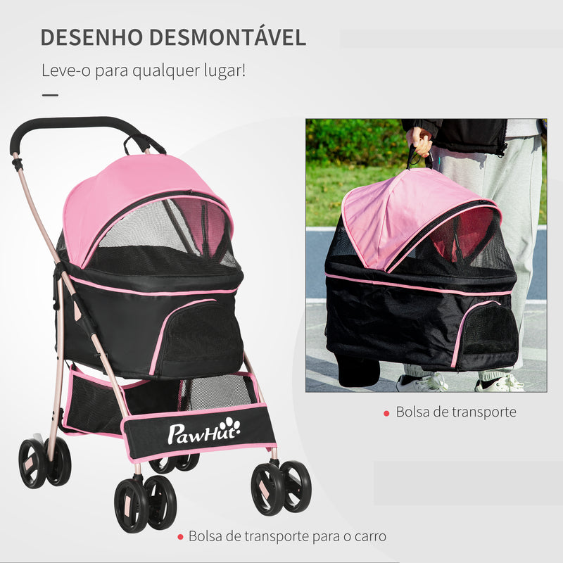 Carrinho para Animais de Estimação 3 em 1 Carrinho para Cães e Gatos Dobrável com Bolsa de Transporte Cesta de Armazenamento e Travão Tecido de Oxford 600D Carga Máxima 15kg 82x49,5x98 cm Rosa