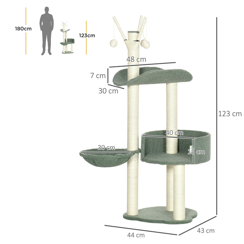 Árvore Arranhador para Gatos Torre para Gatos Altura 123cm com Rede Cama Postes de Sisal e Bola de Brincar 44x43x123cm Verde e Creme