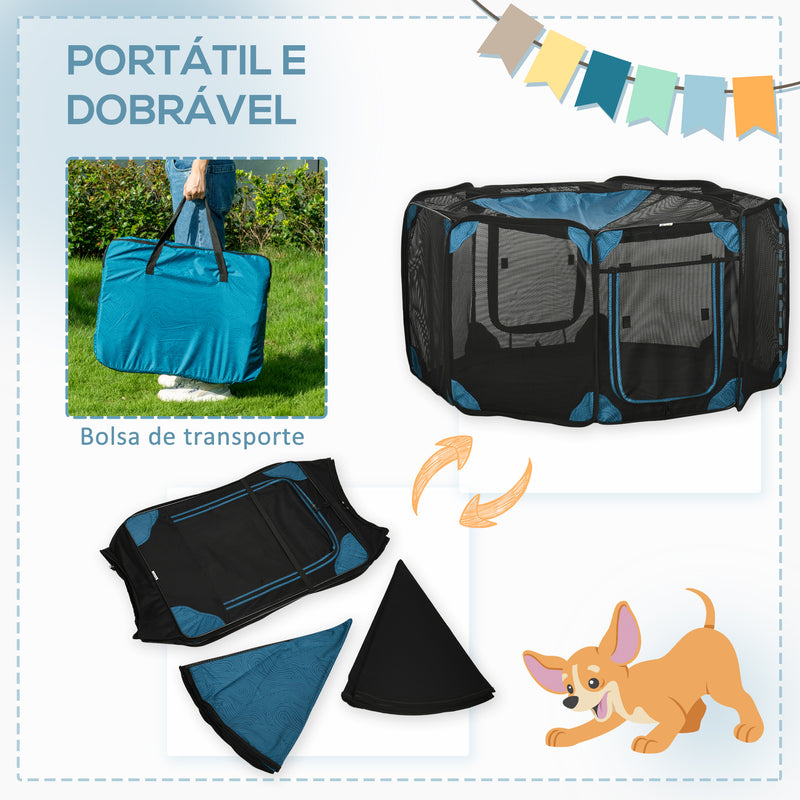 Parque para Cães de 8 Painéis Parque para Animais de Estimação com Bolsa de Transporte Parque Animais Portátil para Gatos Coelhos Ø126x58cm Azul