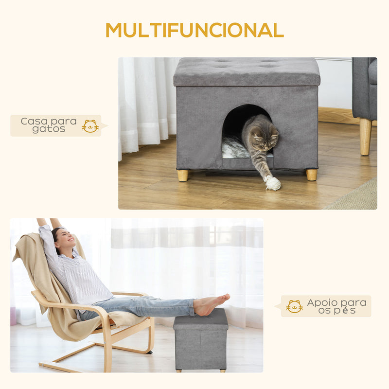 Caverna para Gatos Dobrável 2 em 1 Banco para Apoio dos Pés com Tampa Removível Orifício de Entrada Almofada Lavável e Pés Elevados de Madeira para Interior 60x45x44,5cm Cinza