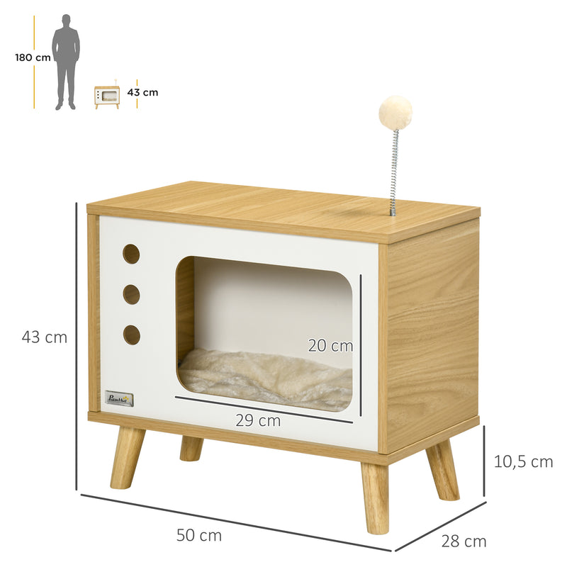 Mesa Auxiliar Cama Caverna para Gatos com Estilo Televisor Casa para Gatos com Almofada Suave Lavável Bola e Pés Elevados 50x28x43cm Carvalho