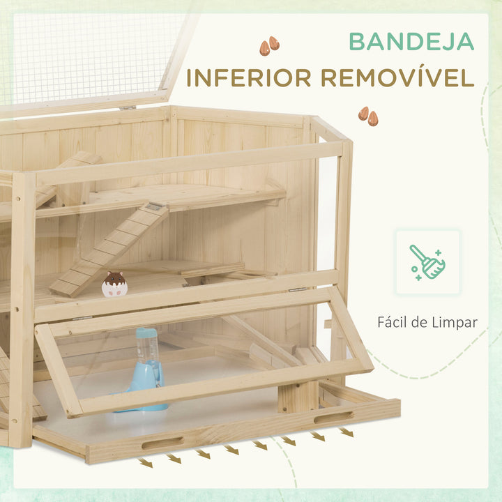 Gaiola de Madeira para Hámster 115x60x55cm Gaiola para Roedores e Animais Pequenos de 3 Níveis com Teto Abatível Bandeja Removível e 3 Rampas Madeira