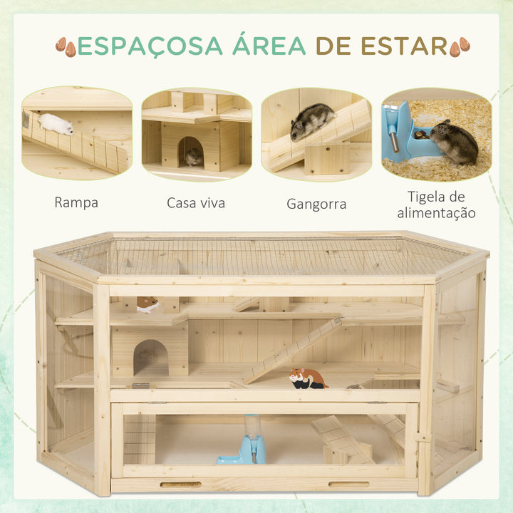 Gaiola de Madeira para Hámster 115x60x55cm Gaiola para Roedores e Animais Pequenos de 3 Níveis com Teto Abatível Bandeja Removível e 3 Rampas Madeira