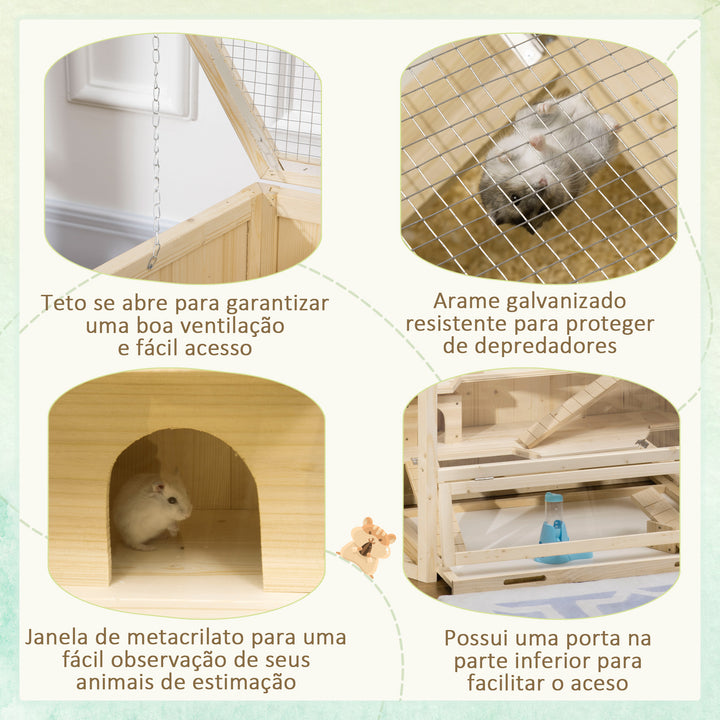 Gaiola de Madeira para Hámster 115x60x55cm Gaiola para Roedores e Animais Pequenos de 3 Níveis com Teto Abatível Bandeja Removível e 3 Rampas Madeira