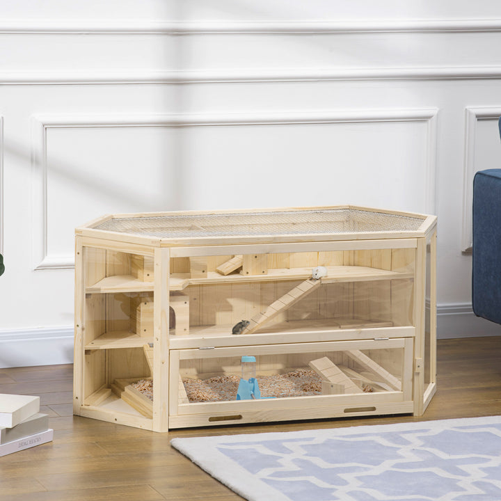 Gaiola de Madeira para Hámster 115x60x55cm Gaiola para Roedores e Animais Pequenos de 3 Níveis com Teto Abatível Bandeja Removível e 3 Rampas Madeira