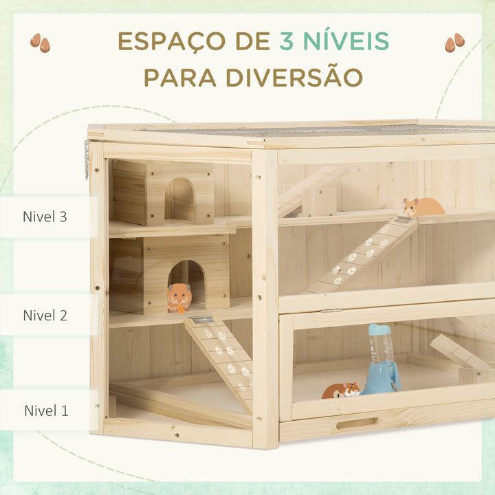 Gaiola de Madeira para Hámster 115x60x55cm Gaiola para Roedores e Animais Pequenos de 3 Níveis com Teto Abatível Bandeja Removível e 3 Rampas Madeira
