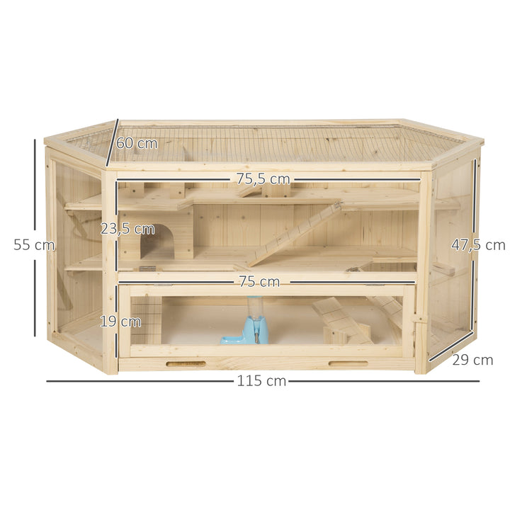 Gaiola de Madeira para Hámster 115x60x55cm Gaiola para Roedores e Animais Pequenos de 3 Níveis com Teto Abatível Bandeja Removível e 3 Rampas Madeira
