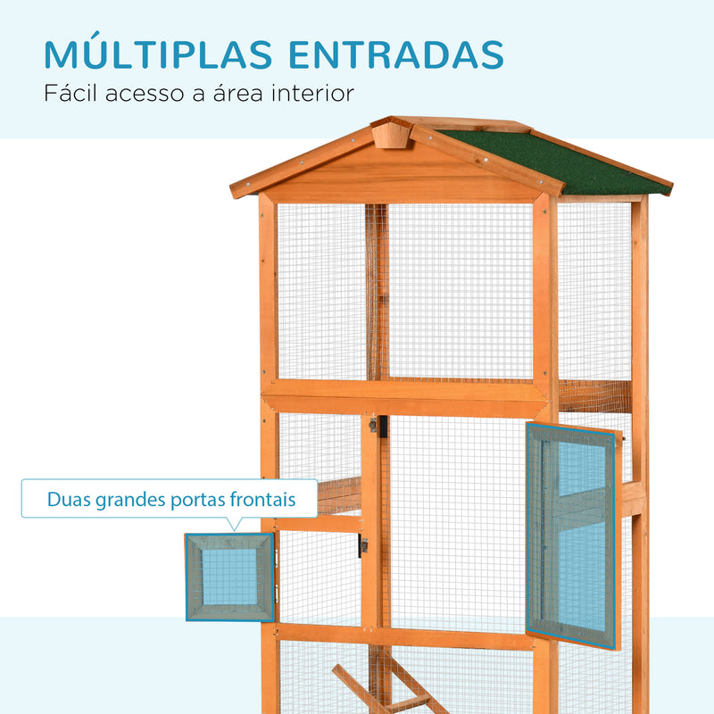 Gaiola para Pássaros Grande 68x63x165cm Gaiola para Pássaros de Madeira de Abeto com 2 Portas Bandeja Amovível e Teto Asfáltico Madeira