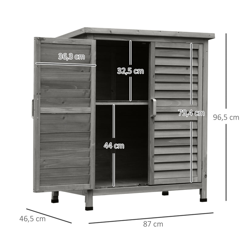 Armário de Armazenamento de Madeira para Jardim com 2 Prateleiras Interiores 2 Portas e Teto Inclinado para Exterior Terraço 87x46,5x96,5cm Cinza