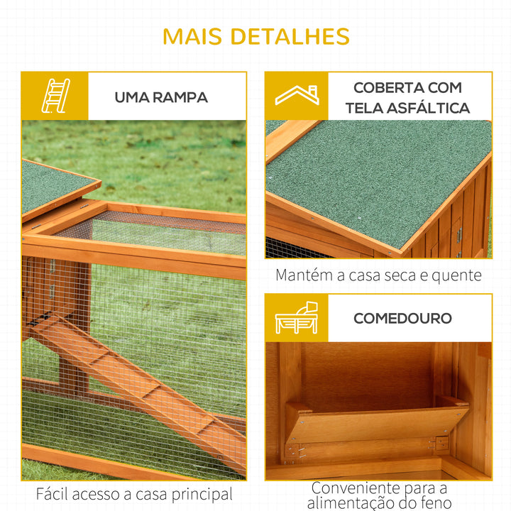 Coelheira de Madeira Exterior Gaiola para Coelhos de 2 Níveis com Teto Asfáltico 2 Áreas Cercadas Bandeja Removível 2 Portas Janela e Rampa 157,4x53x93,5cm Madeira Natural