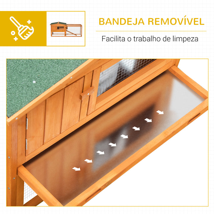 Coelheira de Madeira Exterior Gaiola para Coelhos de 2 Níveis com Teto Asfáltico 2 Áreas Cercadas Bandeja Removível 2 Portas Janela e Rampa 157,4x53x93,5cm Madeira Natural
