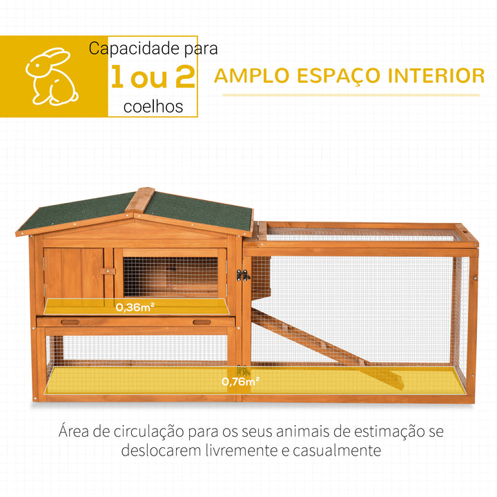 Coelheira de Madeira Exterior Gaiola para Coelhos de 2 Níveis com Teto Asfáltico 2 Áreas Cercadas Bandeja Removível 2 Portas Janela e Rampa 157,4x53x93,5cm Madeira Natural