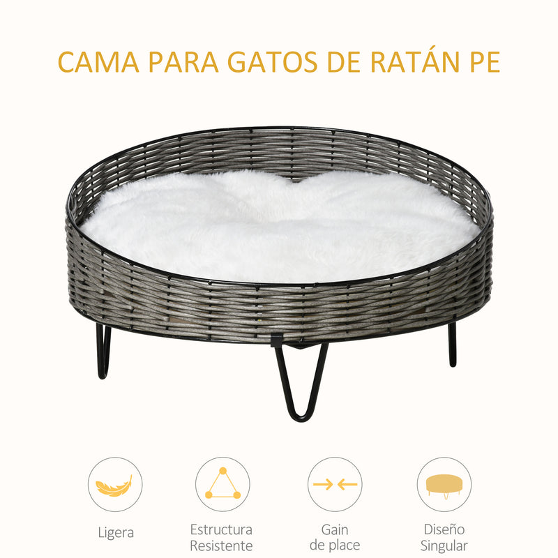 Cama para Cães Gatos de Vime Redonda Cama de Vime para Animais de Estimação Pequenos com Almofada Lavável e Pés Elevados Aço Ø60x32cm Cinza Branco