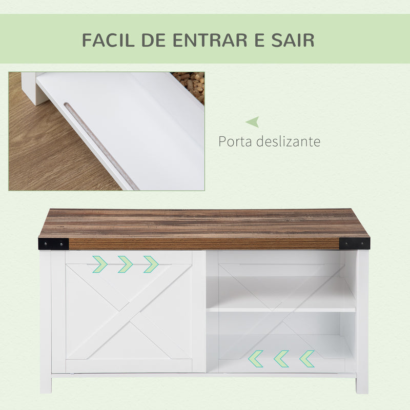 Casa para Gatos de Madeira Móvel Caixa de Areia para Gatos 2 em 1 Armário de Armazenamento com Porta Deslizante e Prateleira Interior 109x51x52cm Branco e Madeira