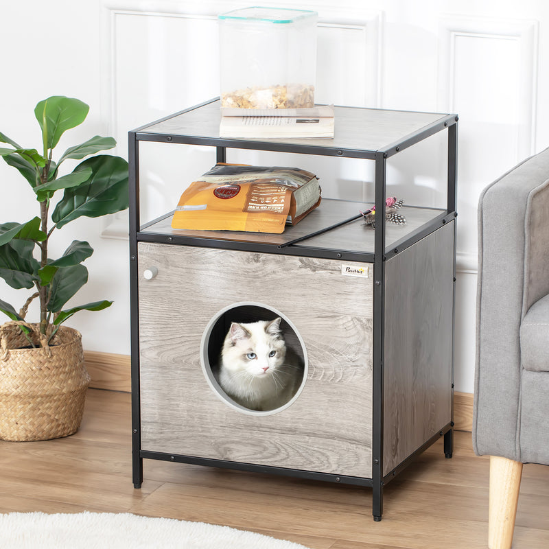 Casa para Gatos de Madeira com Aparência de Mesa Auxiliar com 2 Prateleiras de Armazenamento Caverna para Gatos com Almofada Removível e Lavável 48x40x65,5cm Carvalho