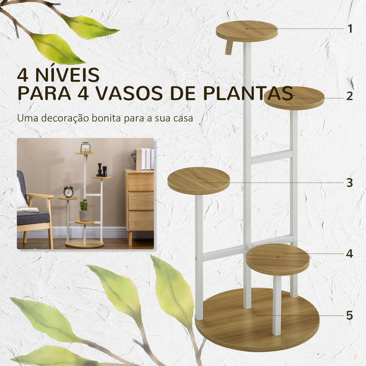 Suporte para Plantas Prateleiras para Plantas de 4 Níveis Suporte para Vasos de Plantas com Estrutura de Aço para Interior e Exterior 40x40x95,5cm Madeira e Branco