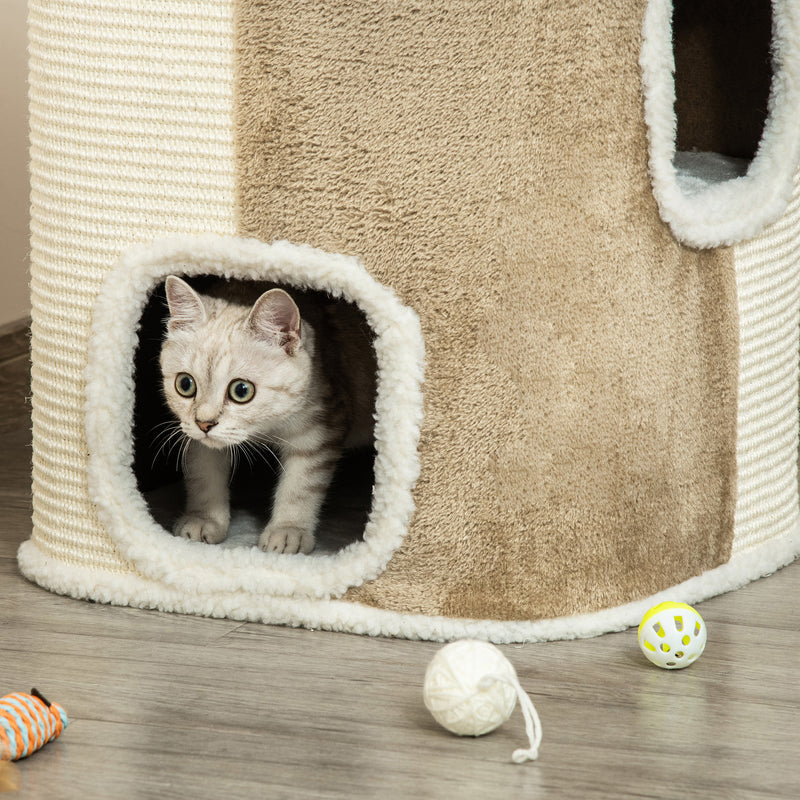 Barril Arranhador para Gatos de 2 Níveis com Caverna de Sisal Pelúcia Suave e Plataforma de Velo 40x40x49cm Bege