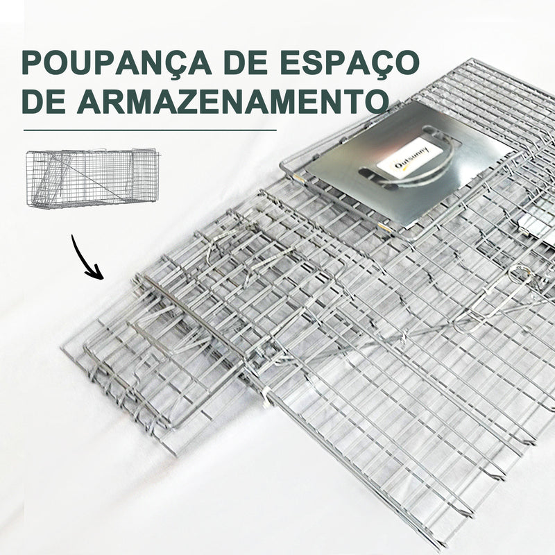 Armadilha para Animais Vivos Dobrável 81x26x34,5 cm Gaiola de Captura com Porta e Alça para Coelhos Roedores Prata