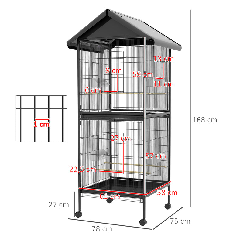 Gaiola para Pássaros 2 em 1 Gaiola de 2 Andares Convertível em Somente Uma com Rodas 4 Comedouros e 4 Poleiros e Bandejas Amovíveis para Canários 78x75x168 cm Preto