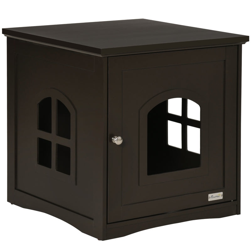 Casa para Gatos de Madeira Móvel para Caixa de Areia para Gatos 2 em 1 com Armário de Armazenamento Bancada Ampla Porta e 3 Janelas Cruzadas 48,7x53,3x53 cm Marrom