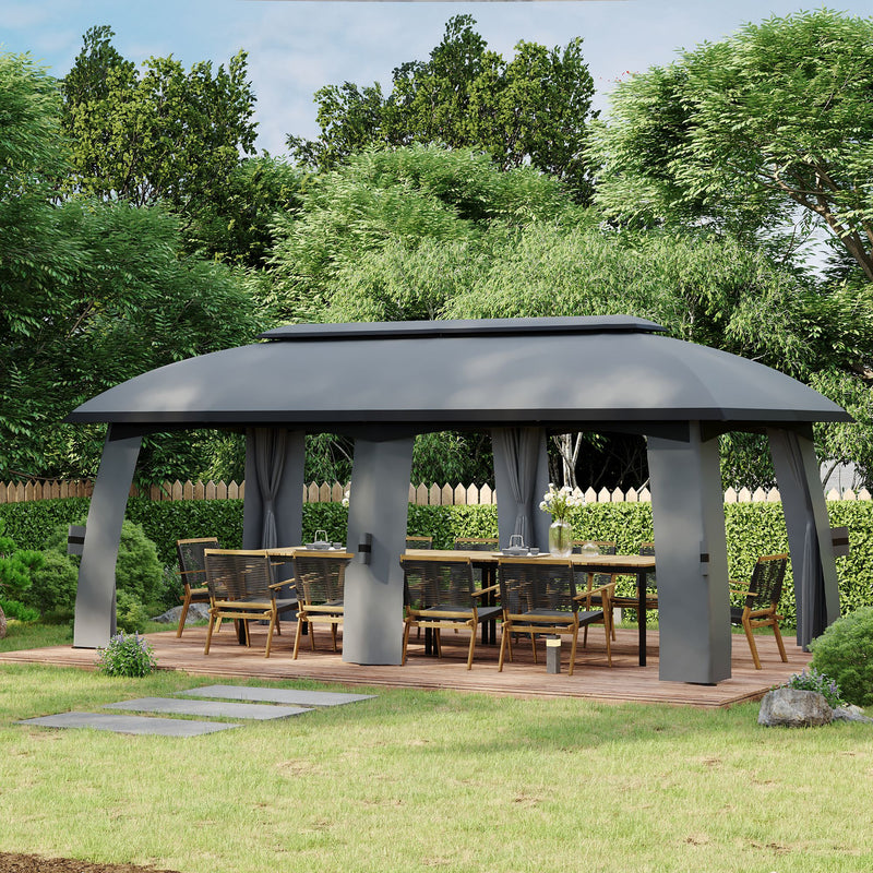 Pérgola de Jardim 3x6m Pérgola de Exterior com Teto Duplo 6 Telas Mosquiteiras com Zíper e Estrutura de Metal para Festas Eventos Pátio Cinza Escuro