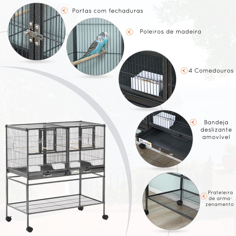 Gaiola de pássaro pequeno com 2 bandejas 4 alimentadores 4 poleiros 95x45,5x102 cm