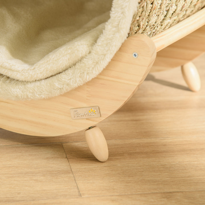 Cama Elevada para Gatos Caverna para Animais de Estimação Aparência de Barril com Superfície de Corda de Algas para Arranhar Almofada e 4 Pés de Madeira 41x38x43cm Madeira