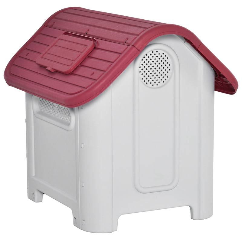 Casota para Cães com Porta Removível Base Elevada 3 Respiradouros e Janela Casota de Cães para Interior e Exterior 59x75x66cm Cinza e Vermelho