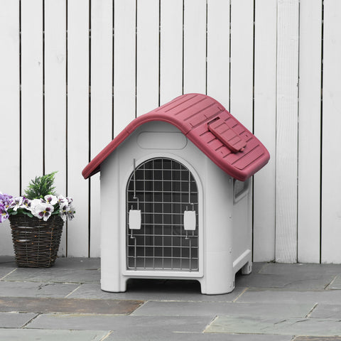 Casota para Cães com Porta Removível Base Elevada 3 Respiradouros e Janela Casota de Cães para Interior e Exterior 59x75x66cm Cinza e Vermelho