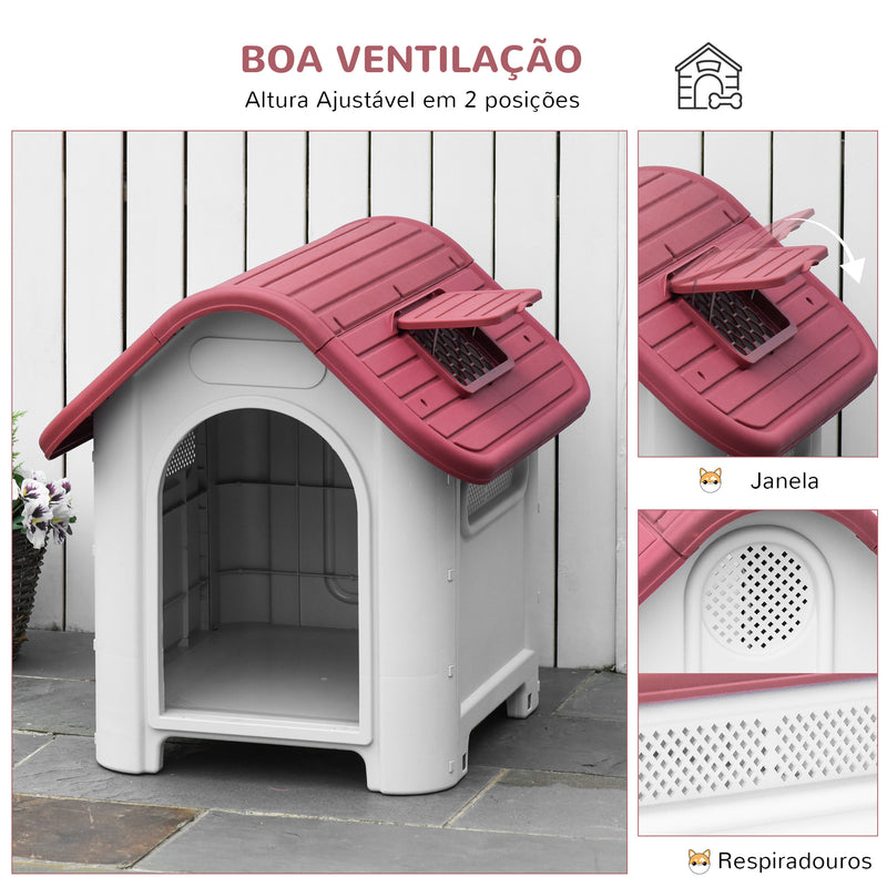 Casota para Cães com Porta Removível Base Elevada 3 Respiradouros e Janela Casota de Cães para Interior e Exterior 59x75x66cm Cinza e Vermelho