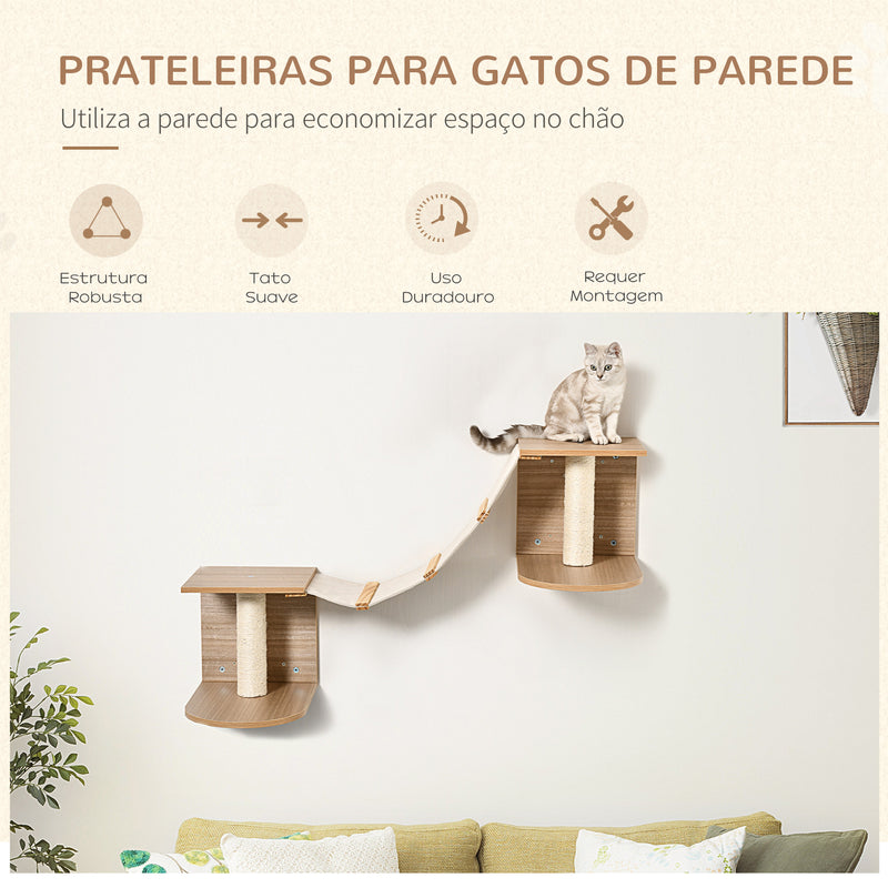 Prateleiras de Parede para Gatos Escadas de Tecido para Gatos com Plataformas e Postes Arranhadores de Sisal Centro de Atividades de Escada 129x40x31,5cm Marrom Claro