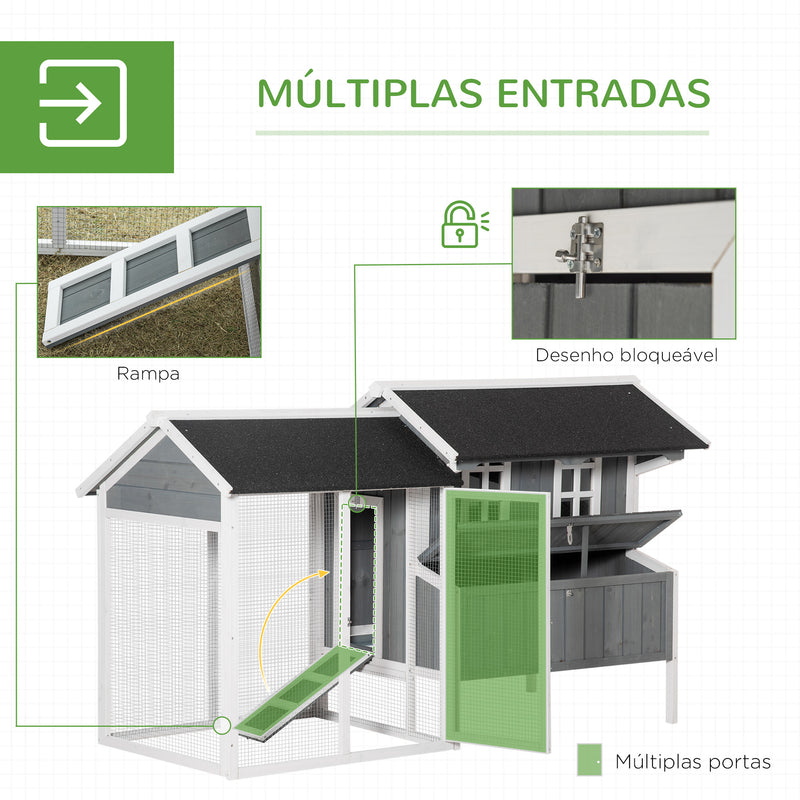 Galinheiro de Madeira Exterior Gaiola para 2-3 Galinhas com Grade de Arame Ninho Teto Asfáltico Bandeja Removível 2 Poleiros e Rampa 209,5x96x123 cm Cinza Azulado