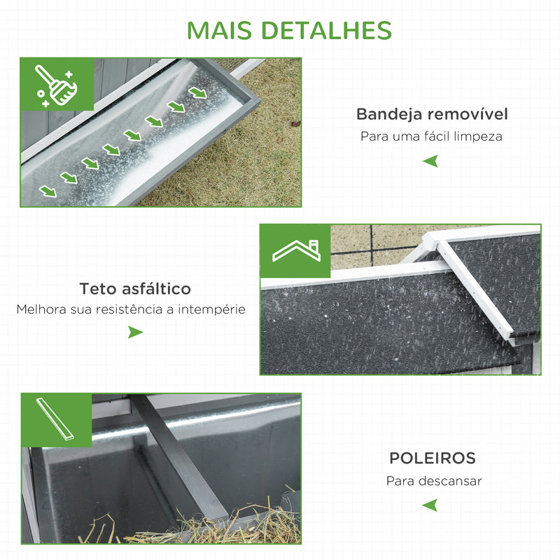 Galinheiro de Madeira Exterior Gaiola para 2-3 Galinhas com Grade de Arame Ninho Teto Asfáltico Bandeja Removível 2 Poleiros e Rampa 209,5x96x123 cm Cinza Azulado