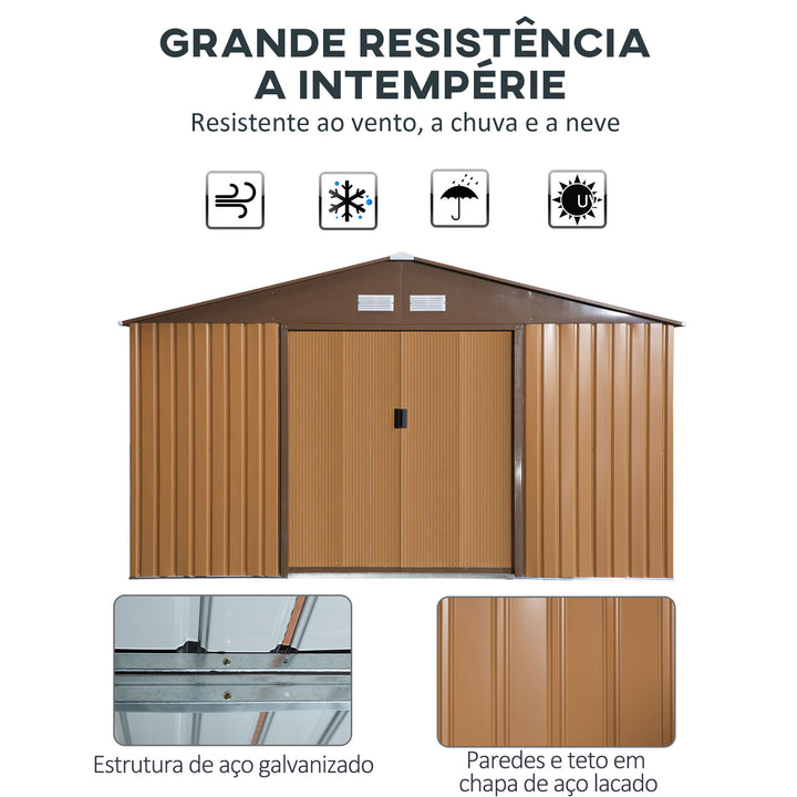 Abrigo de Jardim Metálico 340x386x200cm Abrigo de Exterior para Armazenamento de Ferramentas com Base Incluida 4 Janelas de Ventilação e Porta Corredeira Marrom