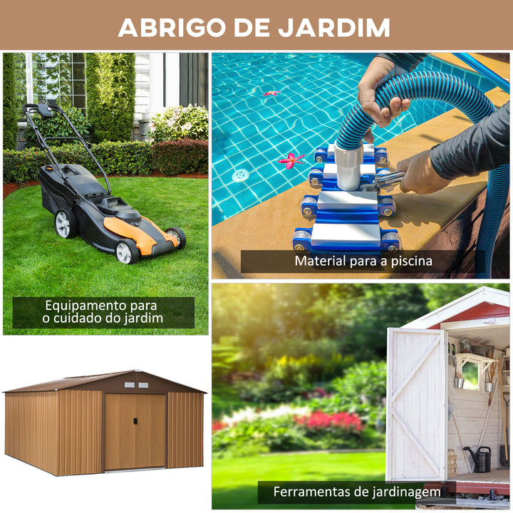 Abrigo de Jardim Metálico 340x386x200cm Abrigo de Exterior para Armazenamento de Ferramentas com Base Incluida 4 Janelas de Ventilação e Porta Corredeira Marrom