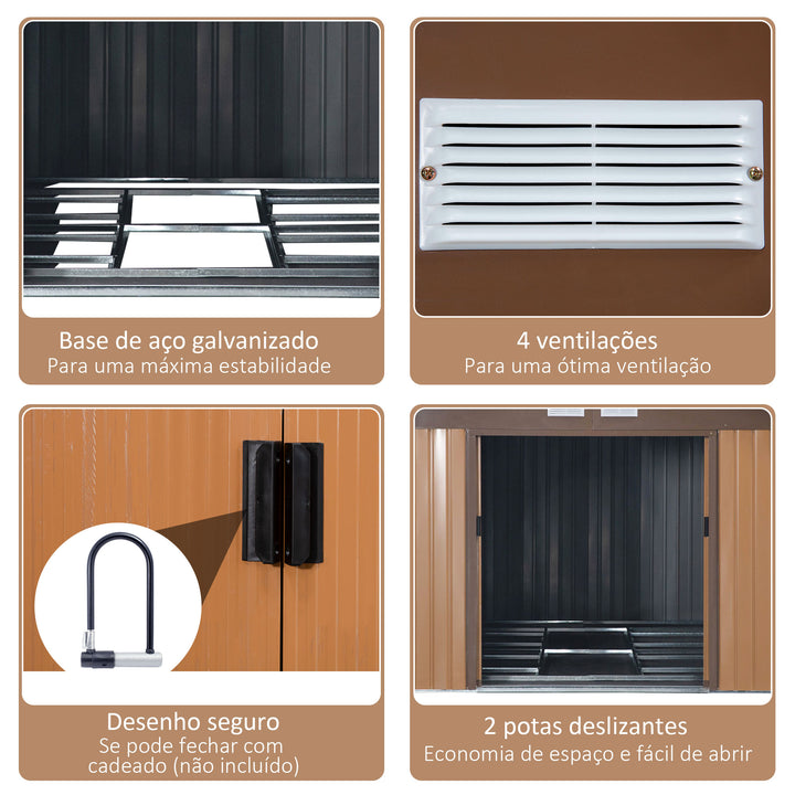 Abrigo de Jardim Metálico 340x386x200cm Abrigo de Exterior para Armazenamento de Ferramentas com Base Incluida 4 Janelas de Ventilação e Porta Corredeira Marrom